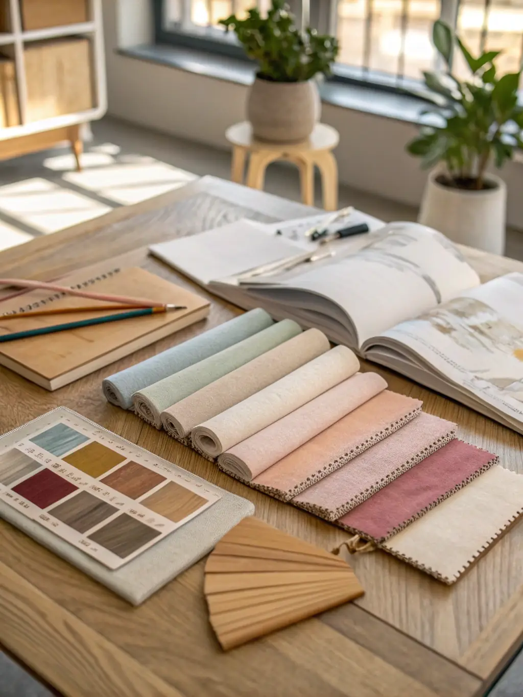 A picture of a designer selecting paint colors and fabric samples, showcasing the attention to detail in decor selection.