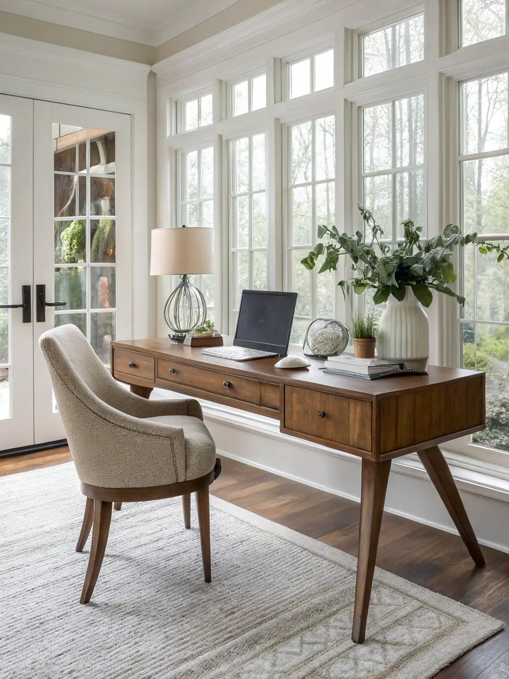 A staged home office with functional furniture and stylish accessories, showcasing the potential of the space for potential buyers.