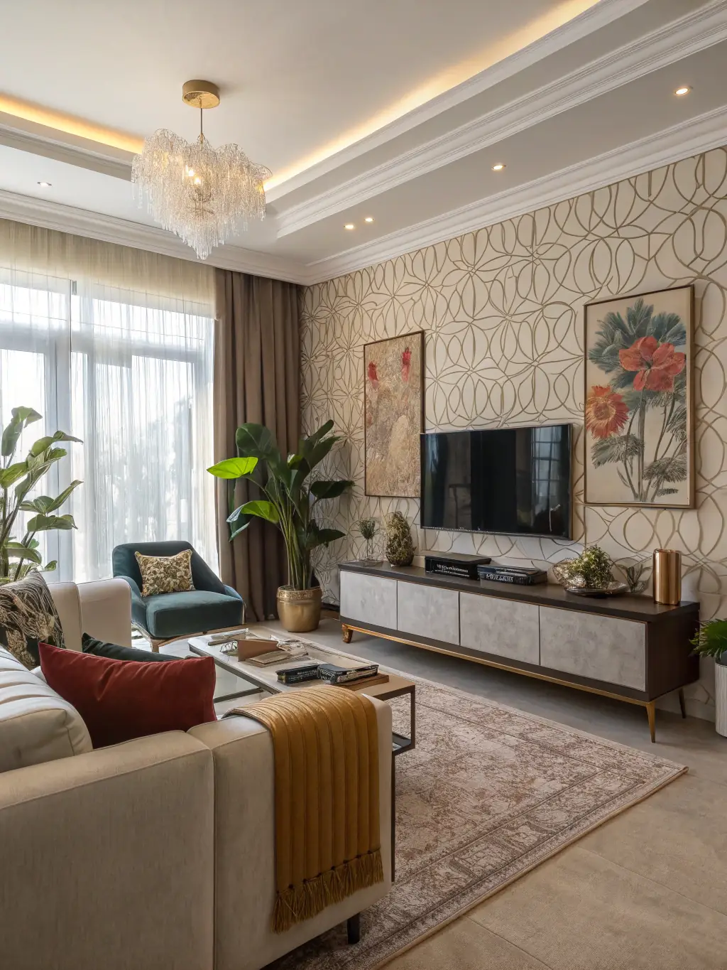 A brightly lit living room with strategically placed furniture and decor, enhancing the space's appeal for potential buyers.