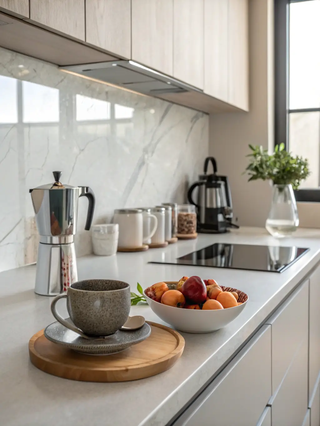 A kitchen staged with modern appliances and stylish accessories, showcasing a functional and attractive space for potential buyers in Minsk.